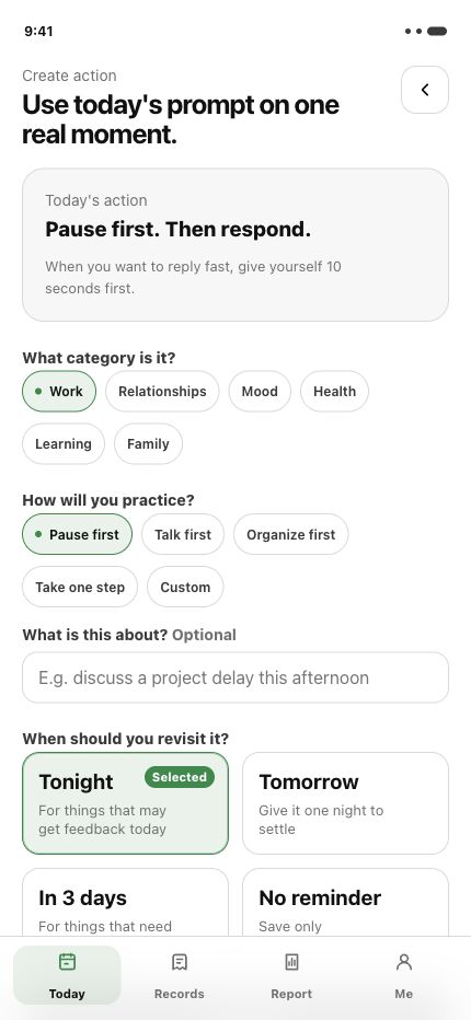 Afterlog Create Action screen