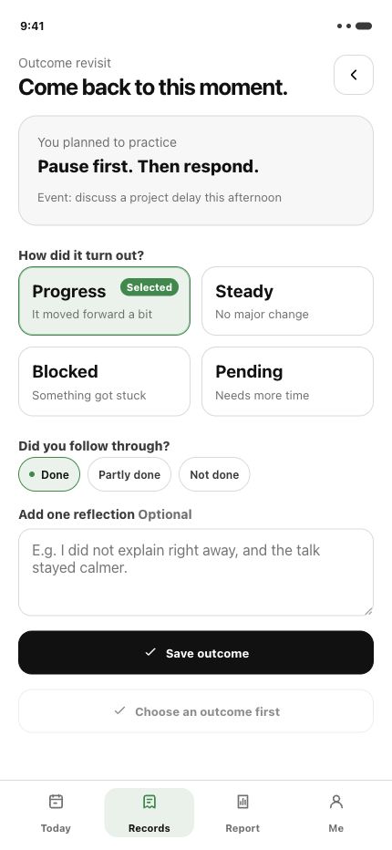 Afterlog Outcome Revisit screen