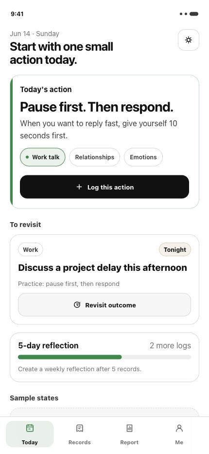 Afterlog Today screen showing an action prompt, revisit list, and bottom navigation